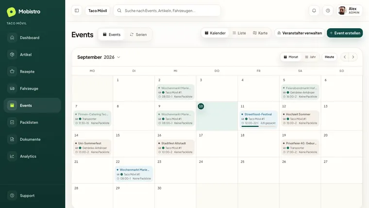 Mobistro Back Office — Eventkalender mit Terminen über den Monat