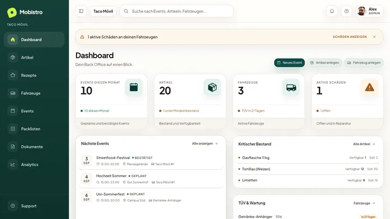 Mobistro Back Office — Dashboard mit Kennzahlen, anstehenden Events und kritischem Bestand
