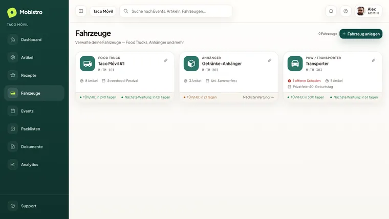 Mobistro Back Office — Fahrzeugflotte mit Wartungs- und HU-Status